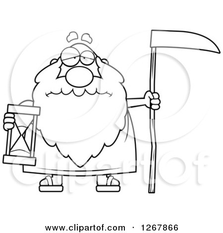 Clipart of a Black and White Sad Father Time Senior Man Holding an Hourglass and Scythe - Royalty Free Vector Illustration by Cory Thoman