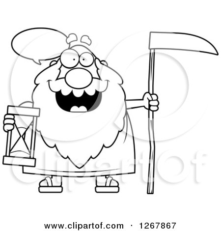 Clipart of a Black and White Talking Father Time Senior Man Holding an Hourglass and Scythe - Royalty Free Vector Illustration by Cory Thoman