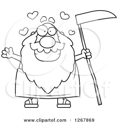 Clipart of a Black and White Loving Father Time Senior Man Holding a Scythe - Royalty Free Vector Illustration by Cory Thoman