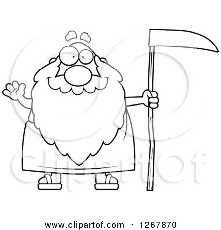 Clipart of a Black and White Friendly Waving Father Time Senior Man Holding a Scythe - Royalty Free Vector Illustration by Cory Thoman