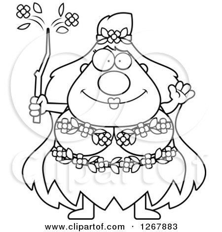 Clipart of a Black and White Friendly Waving Chubby Mother Nature or Hippie Woman - Royalty Free Vector Illustration by Cory Thoman
