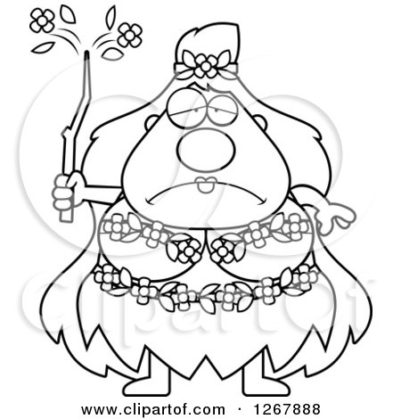 Clipart of a Black and White Depressed Chubby Mother Nature or Hippie Woman - Royalty Free Vector Illustration by Cory Thoman