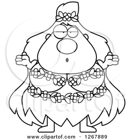 Clipart of a Black and White Careless Shrugging Chubby Mother Nature or Hippie Woman - Royalty Free Vector Illustration by Cory Thoman