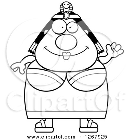 Clipart of a Black and White Friendly Waving Chubby Cleopatra Egyptian Pharaoh Woman - Royalty Free Vector Illustration by Cory Thoman