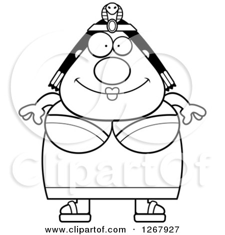 Clipart of a Black and White Happy Chubby Cleopatra Egyptian Pharaoh Woman - Royalty Free Vector Illustration by Cory Thoman