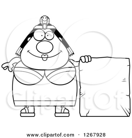 Clipart of a Black and White Happy Chubby Cleopatra Egyptian Pharaoh Woman with a Stone Sign - Royalty Free Vector Illustration by Cory Thoman
