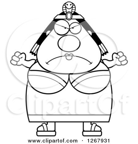 Clipart of a Black and White Angry Chubby Cleopatra Egyptian Pharaoh Woman with Balled Fists - Royalty Free Vector Illustration by Cory Thoman