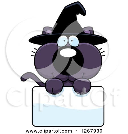 Clipart of a Happy Purple Halloween Witch Cat over a Blank Sign - Royalty Free Vector Illustration by Cory Thoman