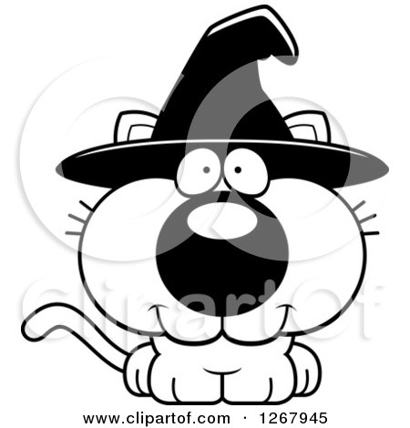 Clipart of a Black and White Happy Halloween Witch Cat - Royalty Free Vector Illustration by Cory Thoman