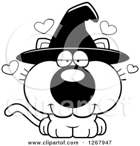 Clipart of a Black and White Loving Halloween Witch Cat with Hearts - Royalty Free Vector Illustration by Cory Thoman