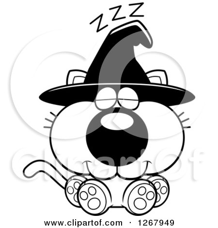 Clipart of a Black and White Napping Halloween Witch Cat - Royalty Free Vector Illustration by Cory Thoman