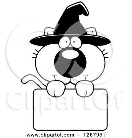 Clipart of a Black and White Happy Halloween Witch Cat over a Blank Sign - Royalty Free Vector Illustration by Cory Thoman