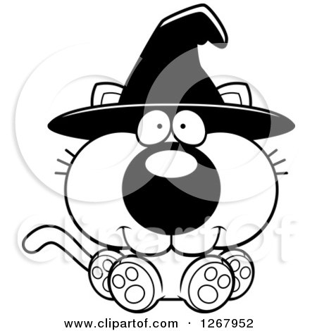 Clipart of a Black and White Happy Halloween Witch Cat Sitting - Royalty Free Vector Illustration by Cory Thoman