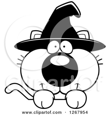 Clipart of a Black and White Happy Halloween Witch Cat over a Sign - Royalty Free Vector Illustration by Cory Thoman