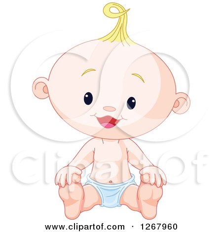 Clipart of a Cute Happy Blond Caucasian Baby Boy Sitting in a Diaper - Royalty Free Vector Illustration by Pushkin