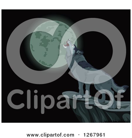 Clipart of a Lond Gray Wolf Howling on a Cliff Against a Full Moon at Night - Royalty Free Vector Illustration by Pushkin