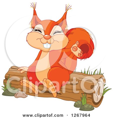 Clipart of a Cute Happy Squirrel Presenting and Sitting on a Log - Royalty Free Vector Illustration by Pushkin