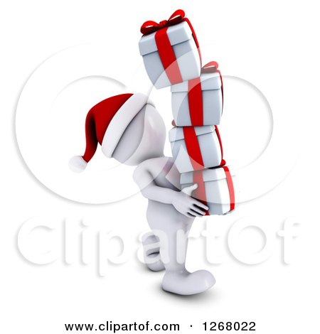 Clipart of a 3d White Man Carrying a Stack of Christmas Gifts - Royalty Free Illustration by KJ Pargeter
