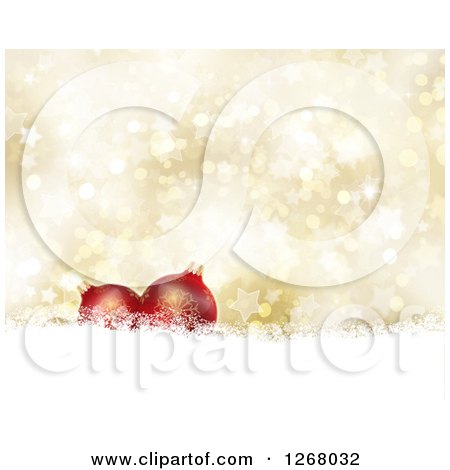 Clipart of a Gold Christmas Background of 3d Red Baubles over Stars and Bokeh Flares - Royalty Free Illustration by KJ Pargeter