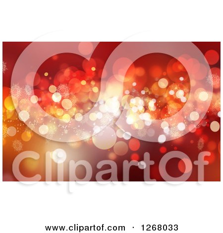 Clipart of a Red Christmas Background of Snowflakes and Bokeh Flares - Royalty Free Illustration by KJ Pargeter