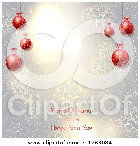 Clipart of a Silver Background with Snowflakes and Red 3d Baubles over Merry Christmas and a Happy New Year Text - Royalty Free Vector Illustration by KJ Pargeter