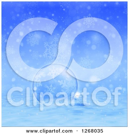 Clipart of a Blue Christmas Background of a Glass Bauble in the Snow over Snowflakes - Royalty Free Illustration by KJ Pargeter