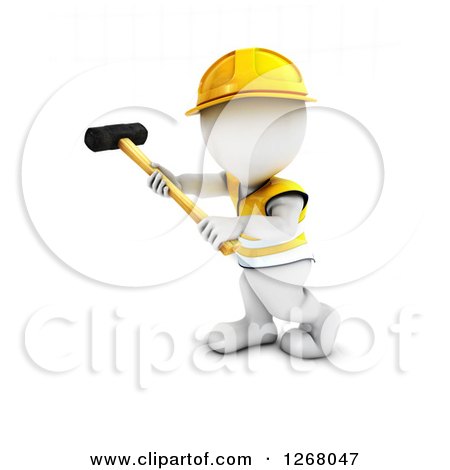 Clipart of a 3d White Man Construction Worker Swinging a Sledgehammer - Royalty Free Illustration by KJ Pargeter