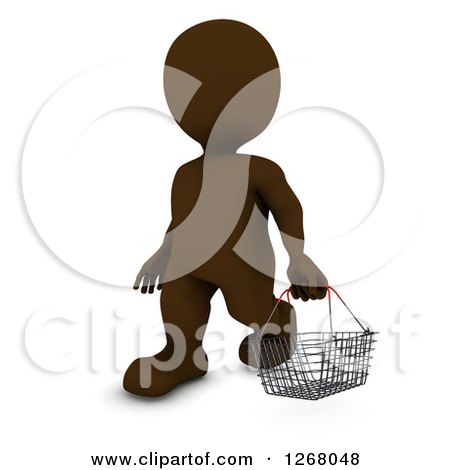 Clipart of a 3d Brown Man Carrying a Shopping Basket - Royalty Free Illustration by KJ Pargeter