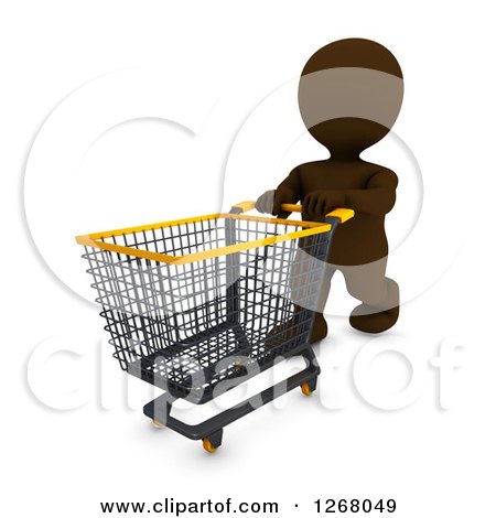 Clipart of a 3d Brown Man Shopping and Pushing an Empty Cart - Royalty Free Illustration by KJ Pargeter