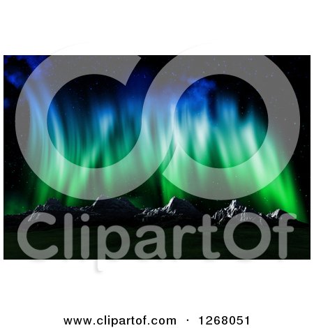 Clipart of a Background of Northern Lights over 3d Mountains - Royalty Free Illustration by KJ Pargeter