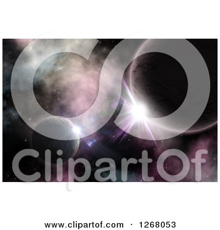 Clipart of 3d Fictional Nebula with Planets and Rising Suns - Royalty Free Illustration by KJ Pargeter