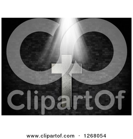 Clipart of a Light Shining down on a 3d Metal Cross over a Gray Brick Wall - Royalty Free Illustration by KJ Pargeter