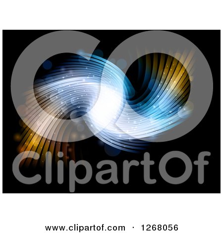 Clipart of a Blue and Orange Flare Wave over Black - Royalty Free Vector Illustration by KJ Pargeter