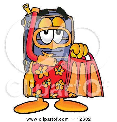 Clipart Picture of a Suitcase Cartoon Character in Orange and Red Snorkel Gear by Mascot Junction