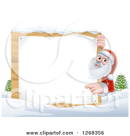 Clipart of Santa Clause Pointing Around a Blank Wooden Christmas Sign in the Snow - Royalty Free Vector Illustration by AtStockIllustration