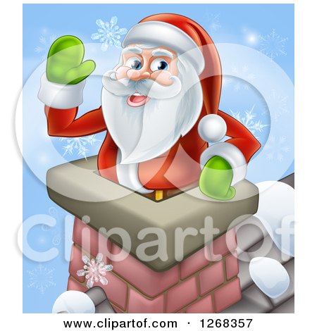 Clipart of Santa Clause Waving in a Chimney on Christmas Eve over Blue with Snowflakes - Royalty Free Vector Illustration by AtStockIllustration