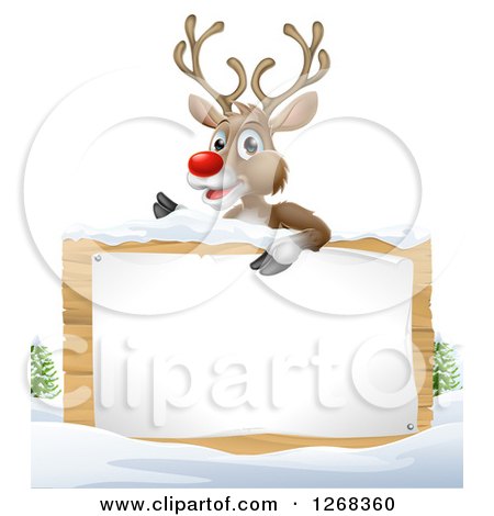 Clipart of a Rudolph Red Nosed Reindeer over a Wood Sign in the Snow on White - Royalty Free Vector Illustration by AtStockIllustration