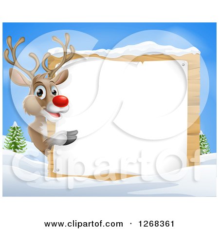 Clipart of a Rudolph Red Nosed Reindeer Pointing Around a Wood Sign in the Snow Against Blue Sky - Royalty Free Vector Illustration by AtStockIllustration