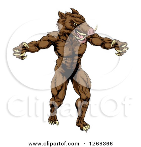 Clipart of a Muscular Aggressive Clawed Boar Man Mascot Attacking - Royalty Free Vector Illustration by AtStockIllustration