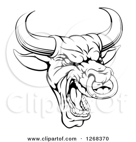 Clipart of a Black and White Mad Bull Mascot Head - Royalty Free Vector Illustration by AtStockIllustration