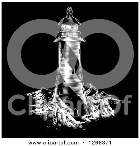 Clipart of a Spiral Lighthouse Engraved on Black - Royalty Free Vector Illustration by AtStockIllustration