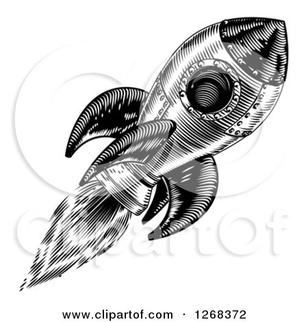 Clipart of a Black and White Engraved Rocket in Flight - Royalty Free Vector Illustration by AtStockIllustration