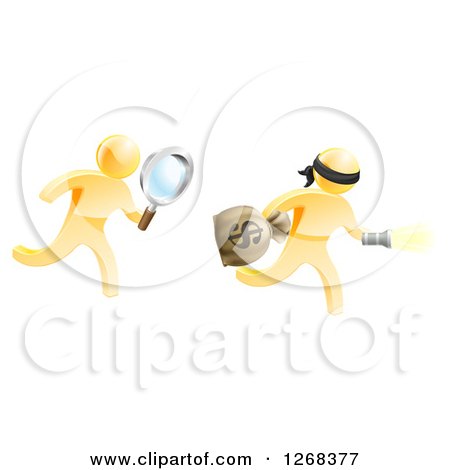 Clipart of a 3d Gold Detective Chasing a Thief with a Magnifying Glass - Royalty Free Vector Illustration by AtStockIllustration