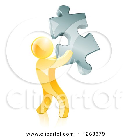 Clipart of a 3d Gold Man Holding a Silver Puzzle Piece - Royalty Free Vector Illustration by AtStockIllustration