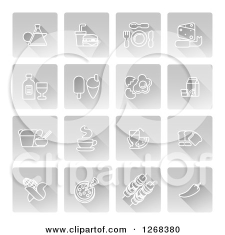Clipart of White Food Icons on Gray Squares - Royalty Free Vector Illustration by AtStockIllustration