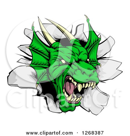 Clipart of a Snarling Fierce Green Dragon Mascot Head Breaking Through a Wall - Royalty Free Vector Illustration by AtStockIllustration