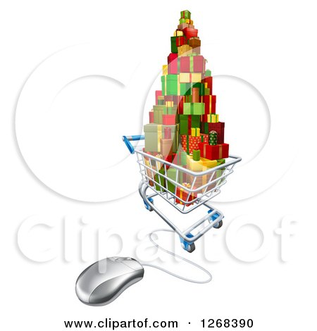 Clipart of a 3d Shopping Cart Filled with Christmas Presents Connected to a Computer Mouse - Royalty Free Vector Illustration by AtStockIllustration