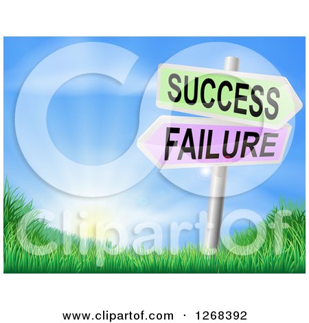 Clipart of a Sunrise over Grass with 3d Failure and Success Signs - Royalty Free Vector Illustration by AtStockIllustration