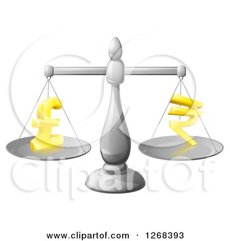 Clipart of a 3d Silver Scale Comparing Pound and Rupee Symbols - Royalty Free Vector Illustration by AtStockIllustration