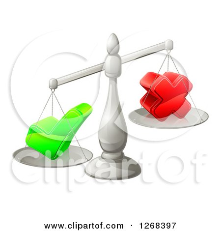 Clipart of 3d Silver Scales Balancing a Check Mark and X Cross - Royalty Free Vector Illustration by AtStockIllustration